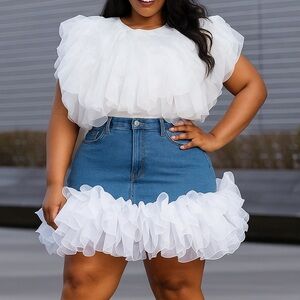 PLUS SIZE RUFFLE TULLE CROP TOP BLOUSE  WHITE